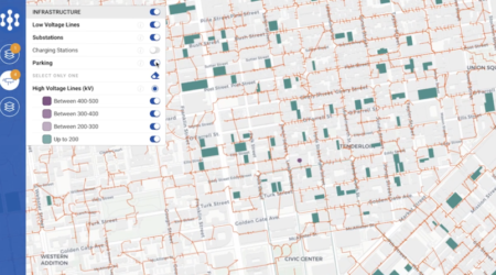 Figure 1: View of existing EV chargers, substations, parking locations, high and low voltage lines